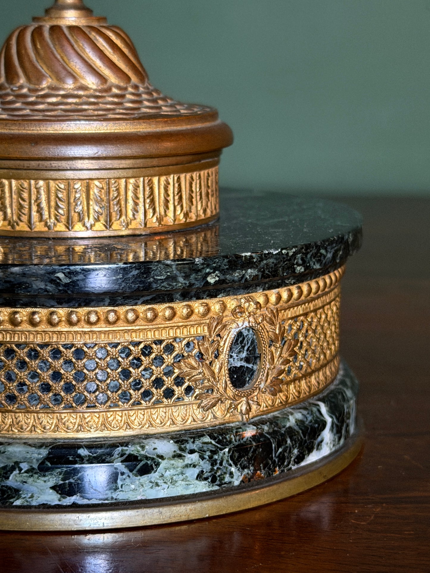 French Green Marble and Ormolu Inkwell