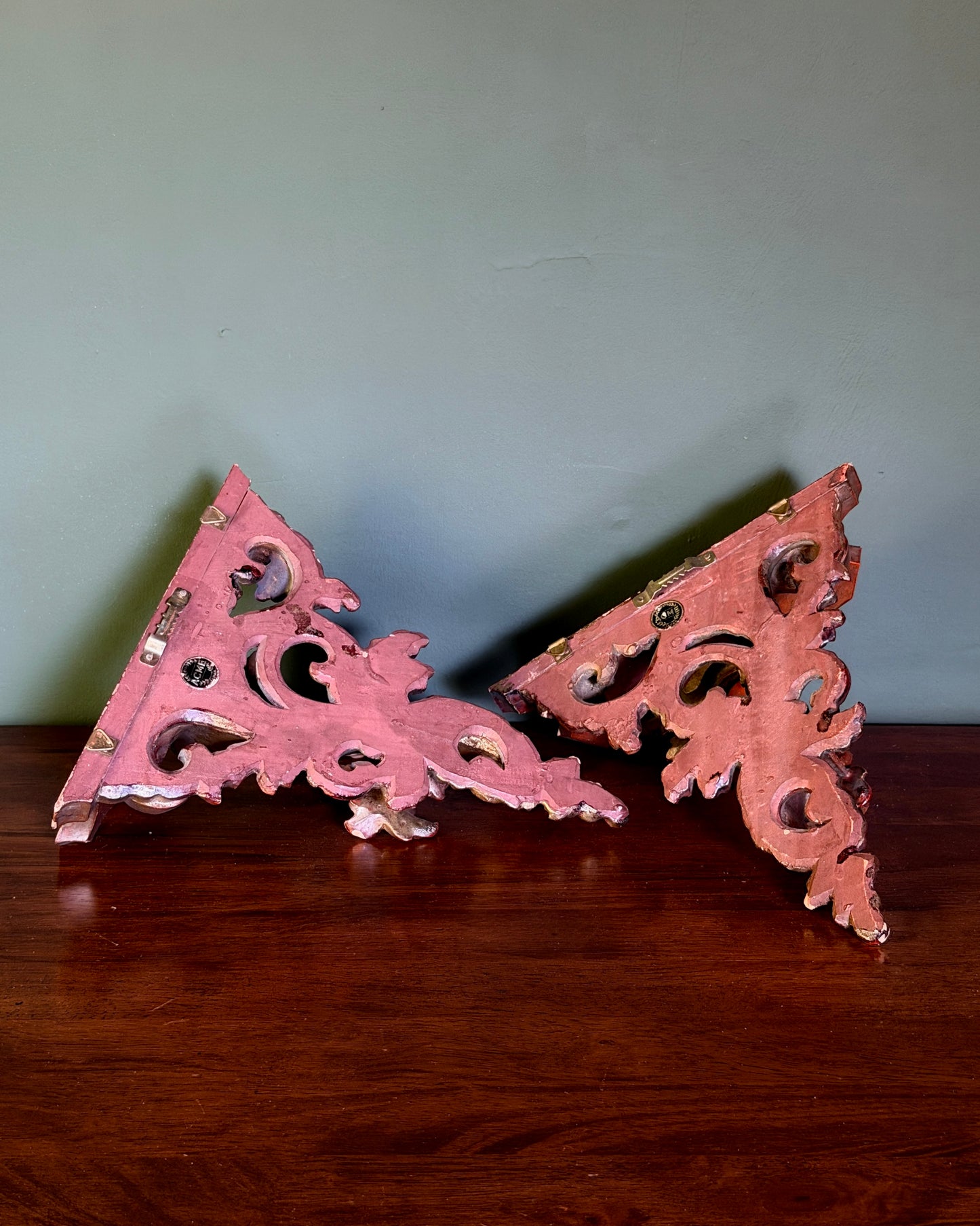 Carved Wood Wall Shelf Pair
