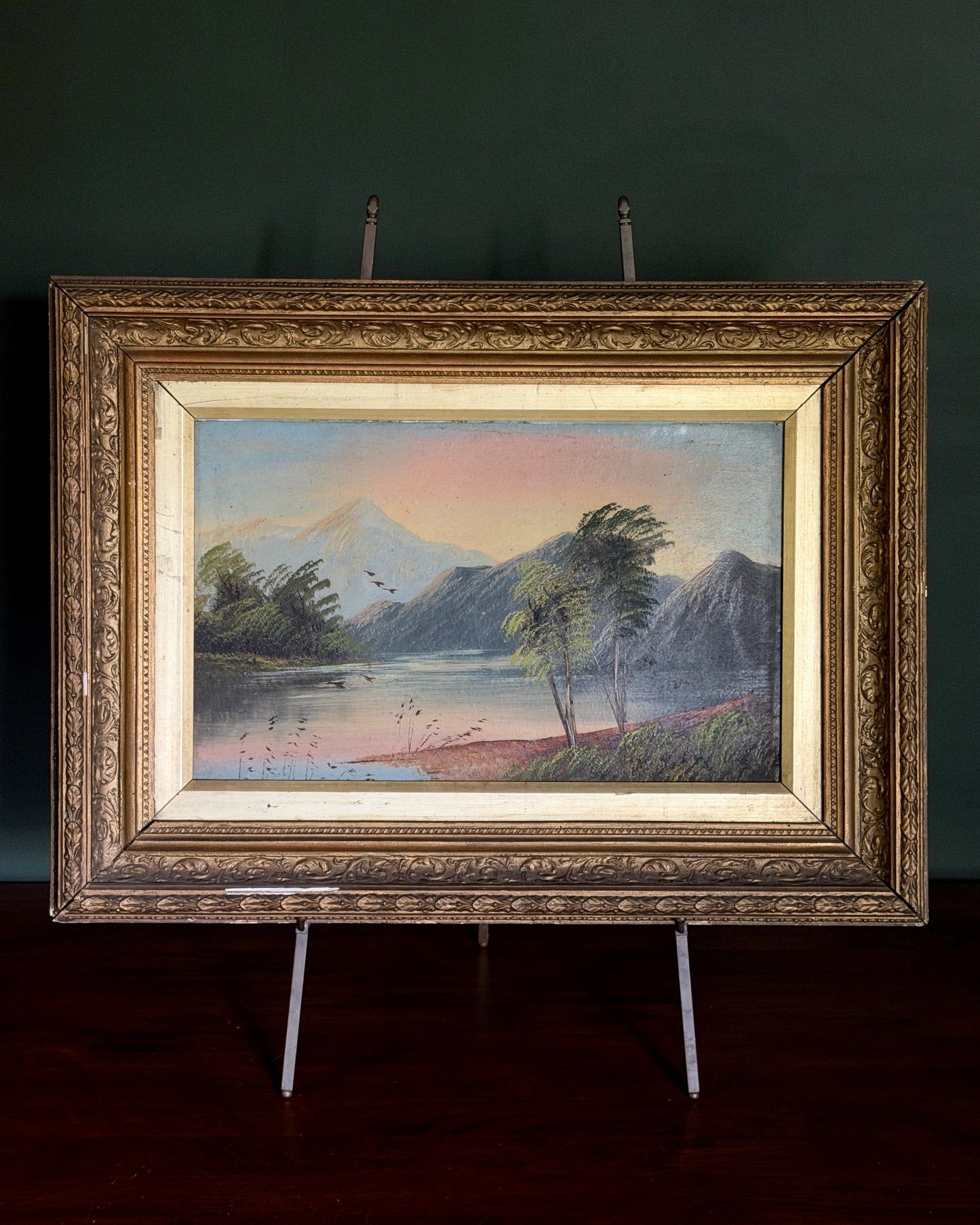 Antique Mountain, Lake, & Birds Painting