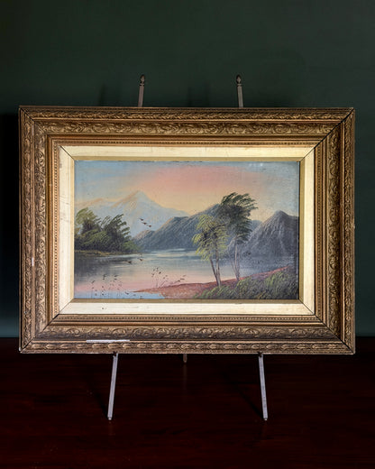 Antique Mountain, Lake, & Birds Painting