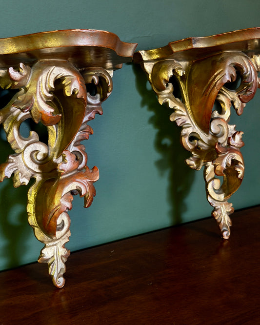 Carved Wood Wall Shelf Pair
