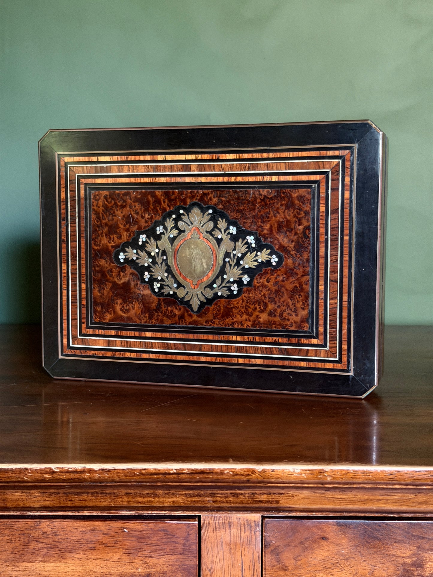 French Burl Wood Game Box with Playing Chips
