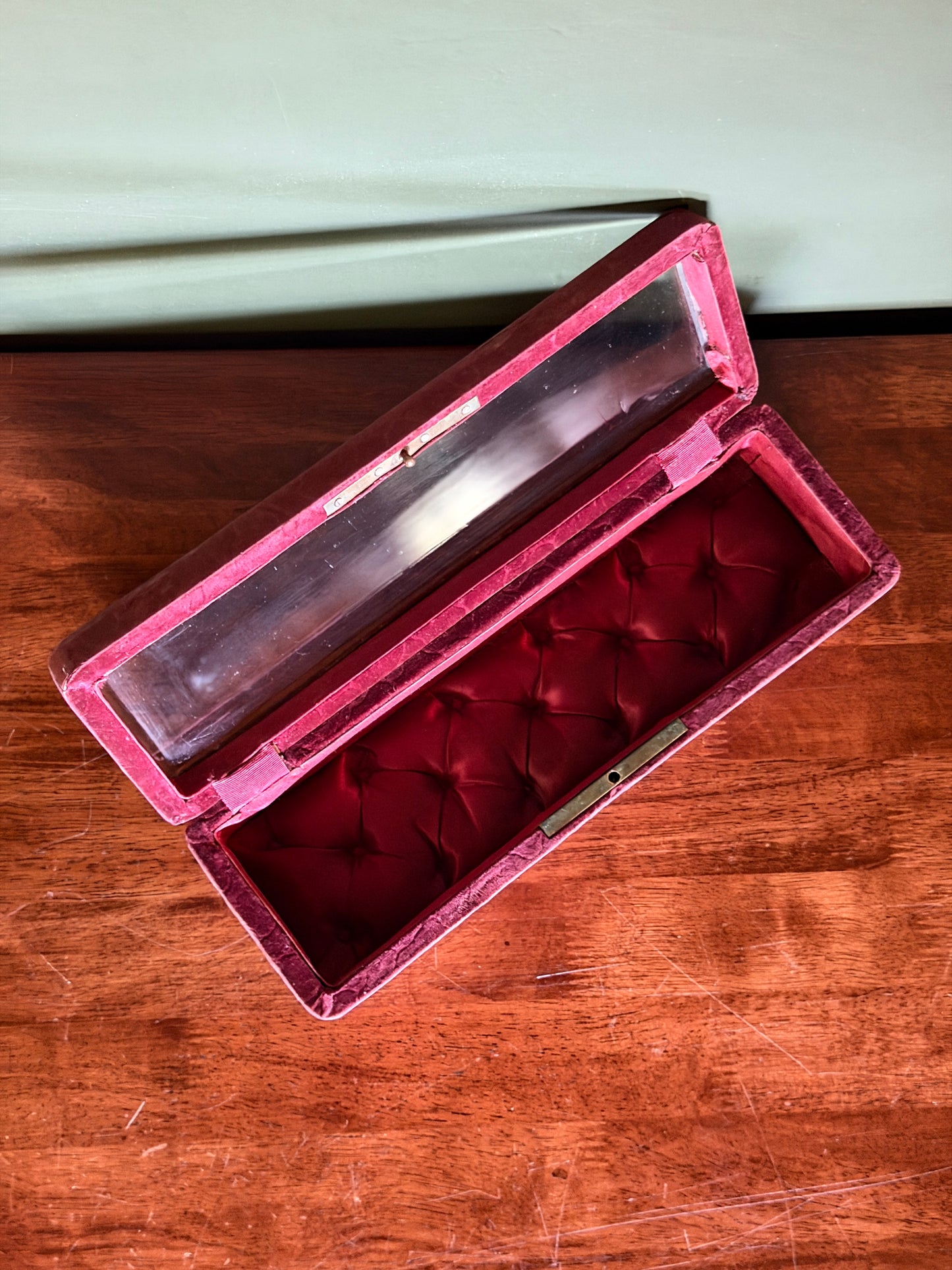 French Tufted Silk Glove Box with Beveled Glass Lid