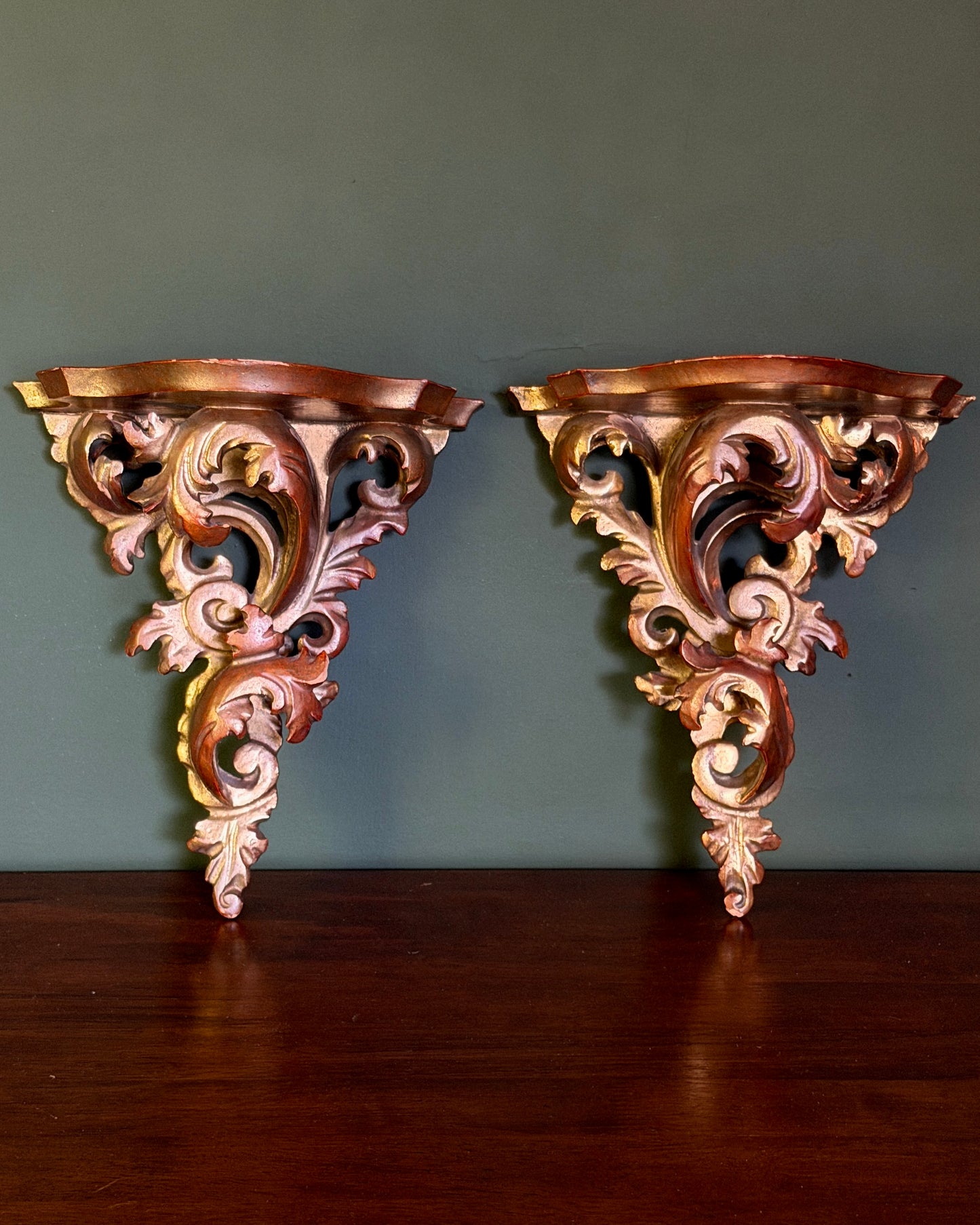 Carved Wood Wall Shelf Pair