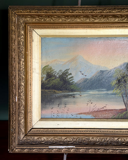 Antique Mountain, Lake, & Birds Painting