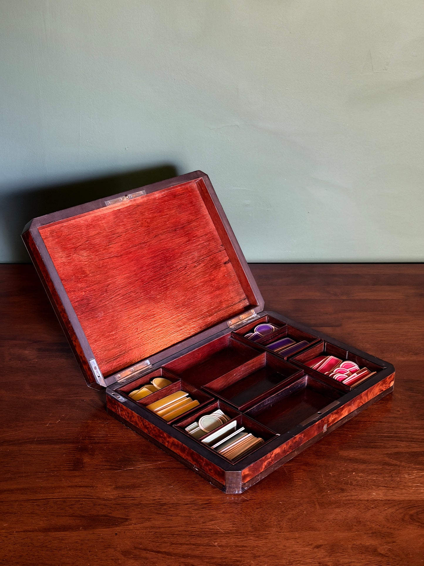 French Burl Wood Game Box with Playing Chips