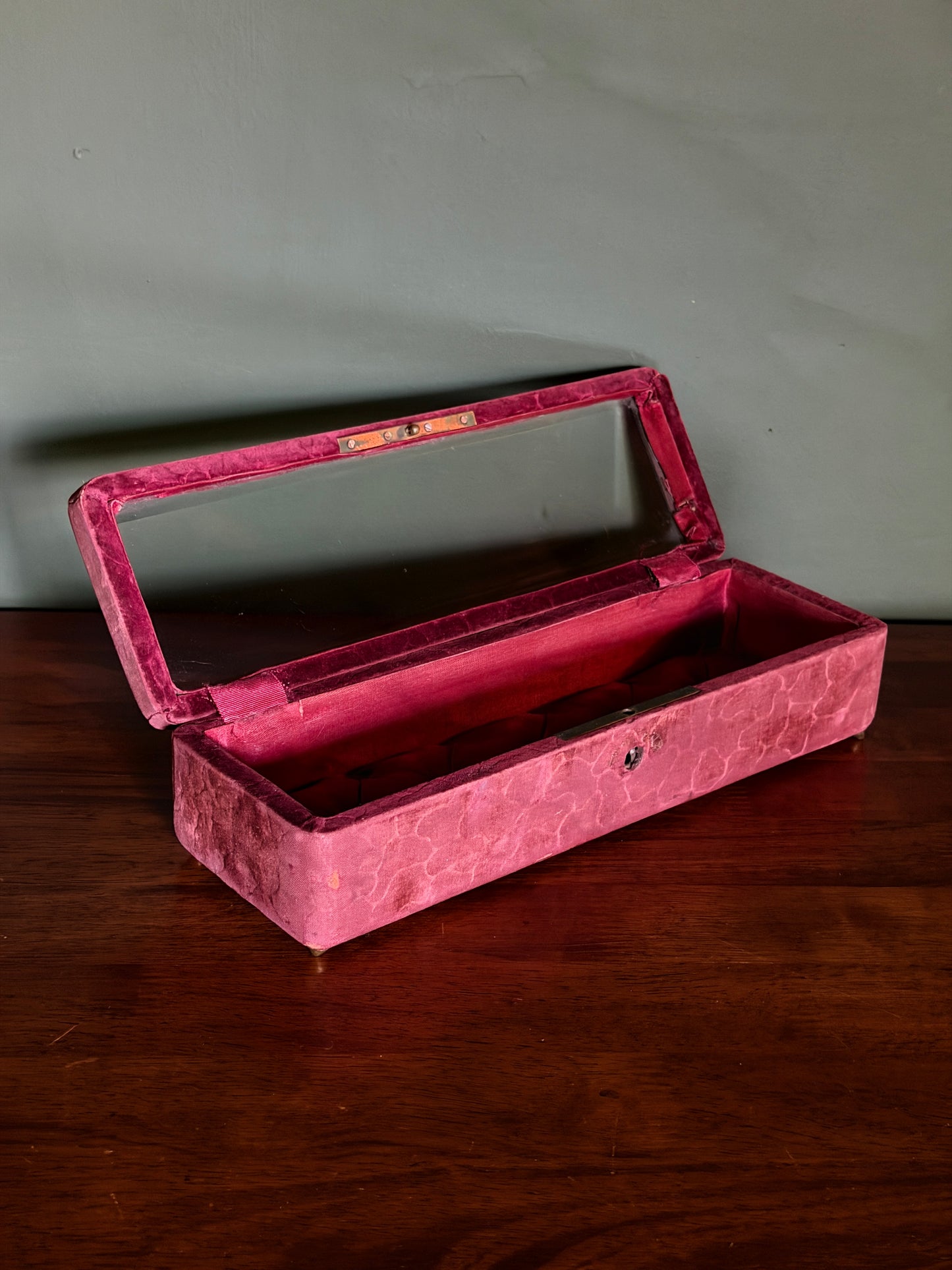 French Tufted Silk Glove Box with Beveled Glass Lid