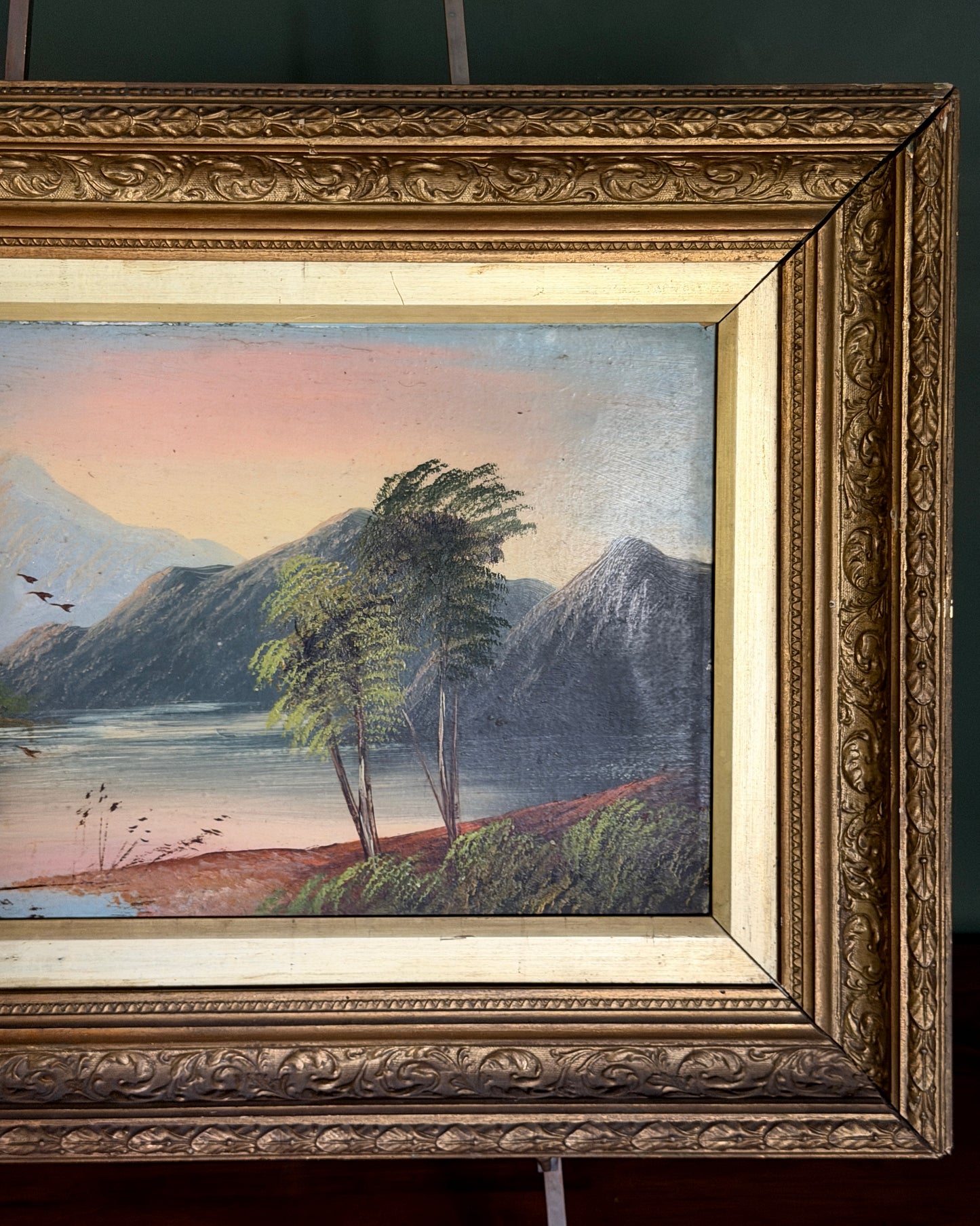 Antique Mountain, Lake, & Birds Painting