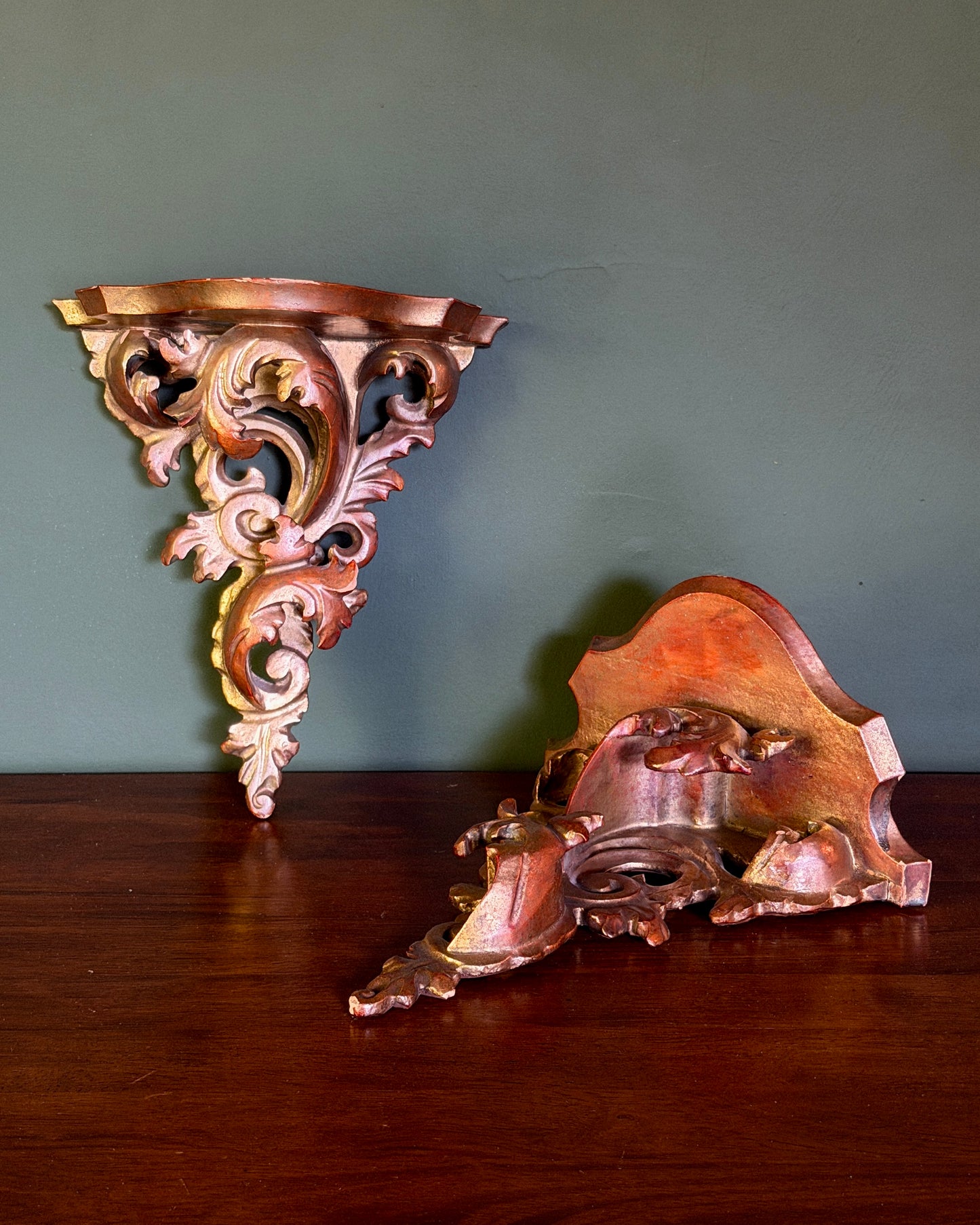 Carved Wood Wall Shelf Pair