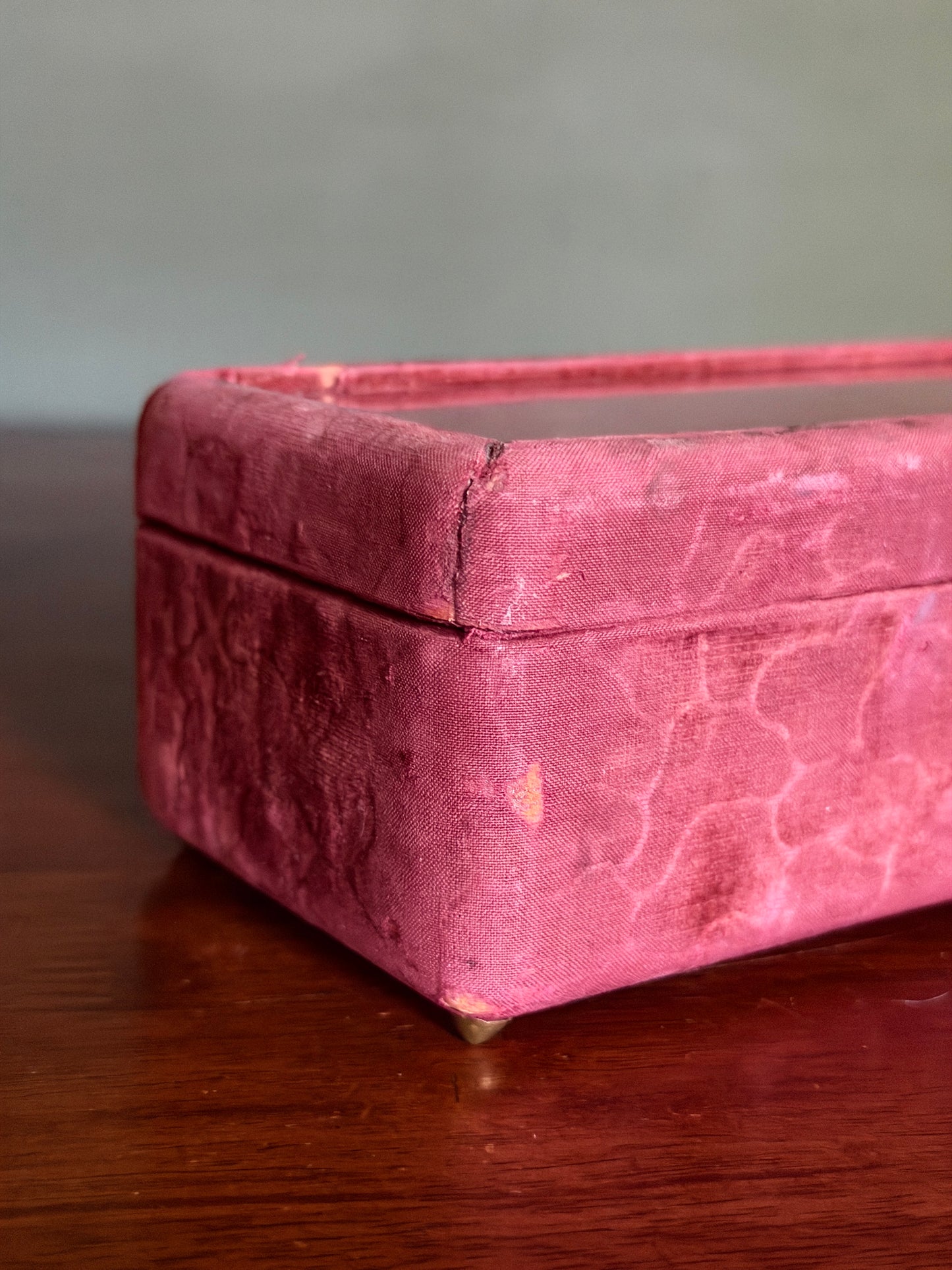 French Tufted Silk Glove Box with Beveled Glass Lid