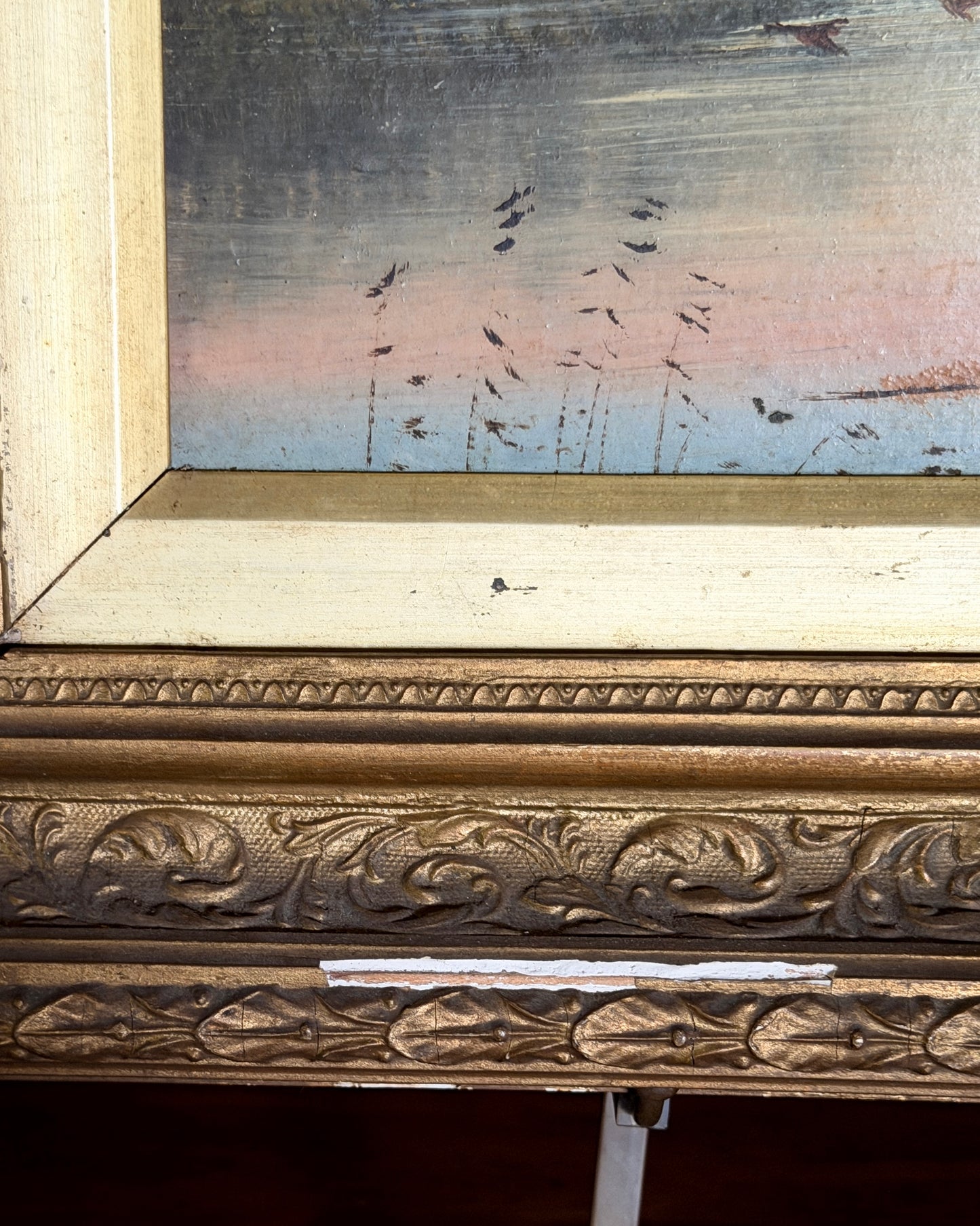 Antique Mountain, Lake, & Birds Painting