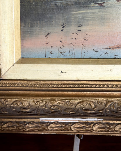 Antique Mountain, Lake, & Birds Painting